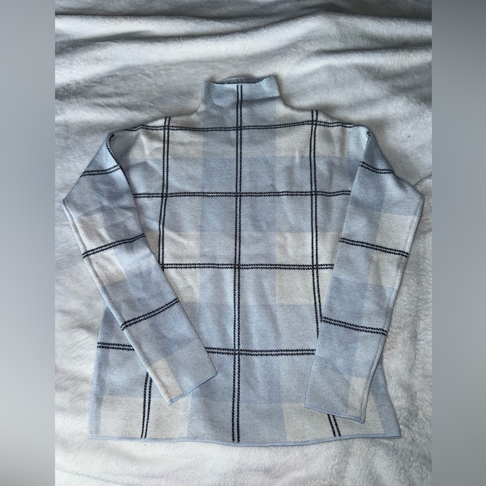 Rachel Zoe Gray and Blue Turtle Neck Sweater with Grid Design